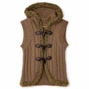 Y2K Mudd Boho Brown Cable Knit Faux Fur Trim Toggle Hooded Retro Sweater Vest-L